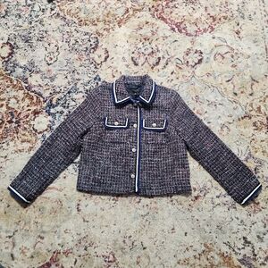 New Talbots Women's Tweed Blazer Lady Jacket Blue White Tipped Size 10 Petite